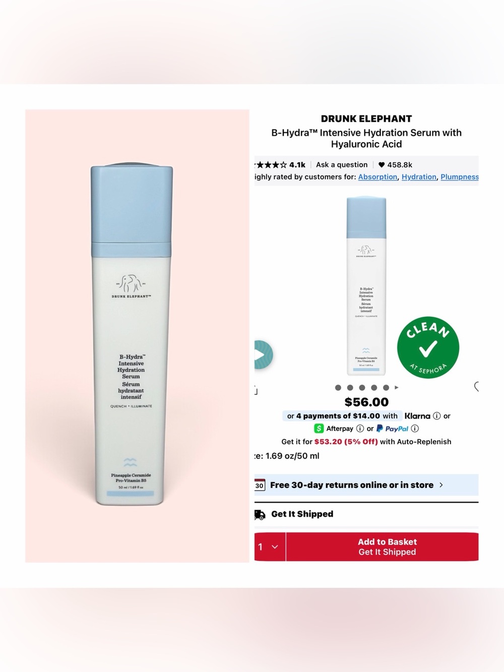 Drunk Elephant B-Hydra Intensive Hydration Serum 1.69 oz